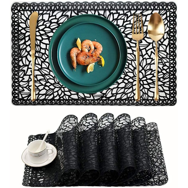 Muoviset vedenpitävät tabletit, 6 kpl, ruokapöydälle, pyyhittävät, pestävät pöytätabletit, vinyyli-PVC-pöytämatot keittiöön, musta B-black Set of 6