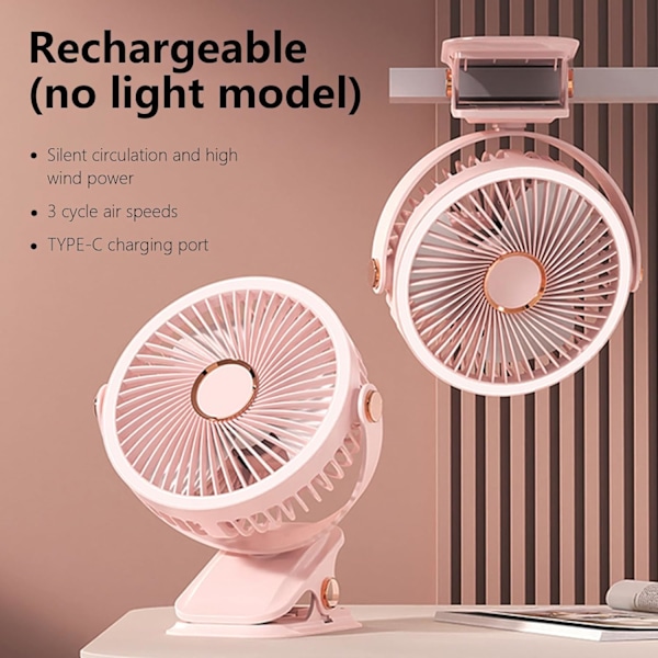 Clip-on Ventilator Justerbar Køleventilator med Natlampe 3 Hastigheder Luftstrømme Bordventilator til Soveværelse Kontor Skrivebord pink