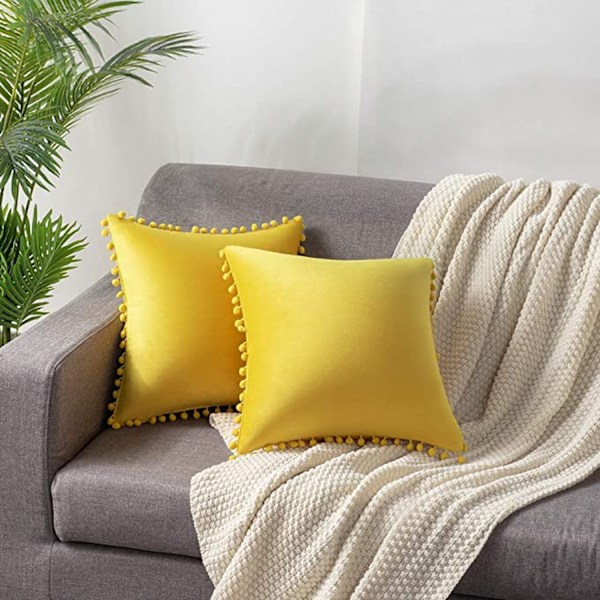 Kuddfodral 16x16 tum / 40x40 cm 2-pack Mysig Mjuk Pompom Sammet Fyrkantig Dekorativ Kuddfodral för Lanthus Dekoration (Höst Doft)