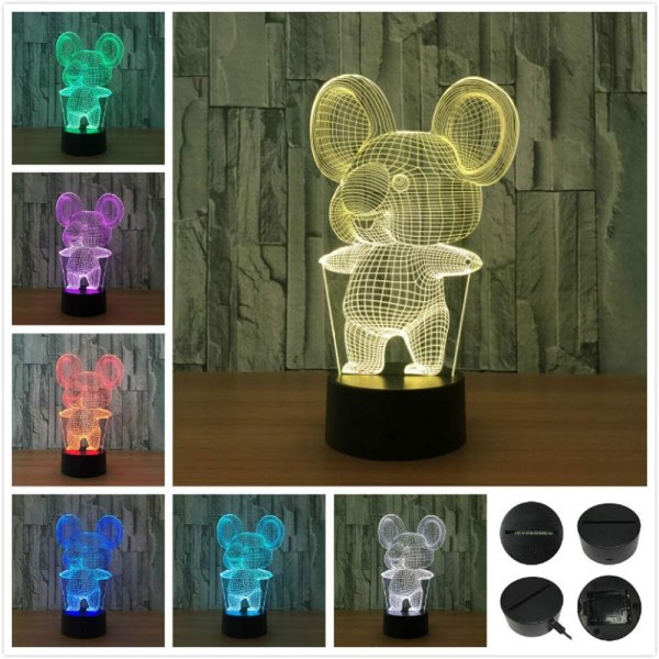 Koala 3D optisk illusjonslampe 7 farger endring timing fjernkontroll og berøringsknapp barn barn nattbord LED nattlys