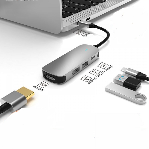 USB C Hub 4-1 Multiport Adapter Bärbar med 4K HDMI, USB 3.0 Portar, 100W PD Laddare, Typ C Dock Kompatibel med MacBook Pro/Air