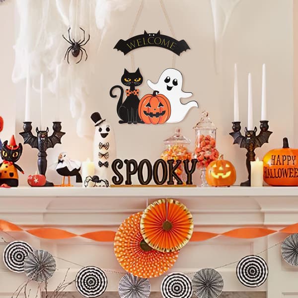 Halloween Træ Hængeskilt - Spøgelse, Sort Kat & Græskar Design, Dørkrans, Glad Halloween Dekoration til Hjemmet