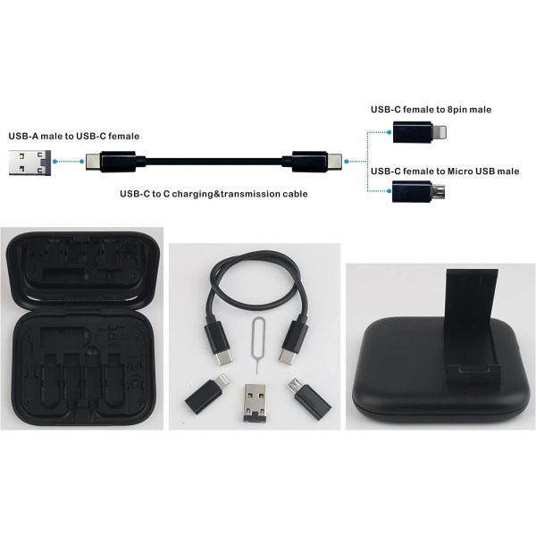 Yinow USB C til C lade- og datakabel med 3 adaptere integrert i lommespeil (svart)