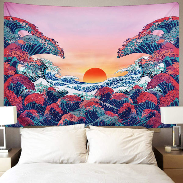 Ocean Wave Vægtæppe Solnedgang Vægtæppe 3D Stor Bølge Vægtæppe Japansk Vægtæppe til Værelse