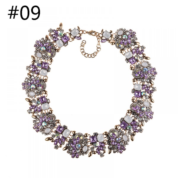 Violetti ja valkoinen kristalliriipusstatement-kaulakoru, vintage-tyylinen paksu ketju, choker-tyylinen kaulapanta, statement-kaulakoru, muodikkaat korut, kaulakorut