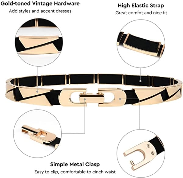 Elastiske stretch-midjebelter for kvinner, kjoler med gullspenne, gulltrekant
