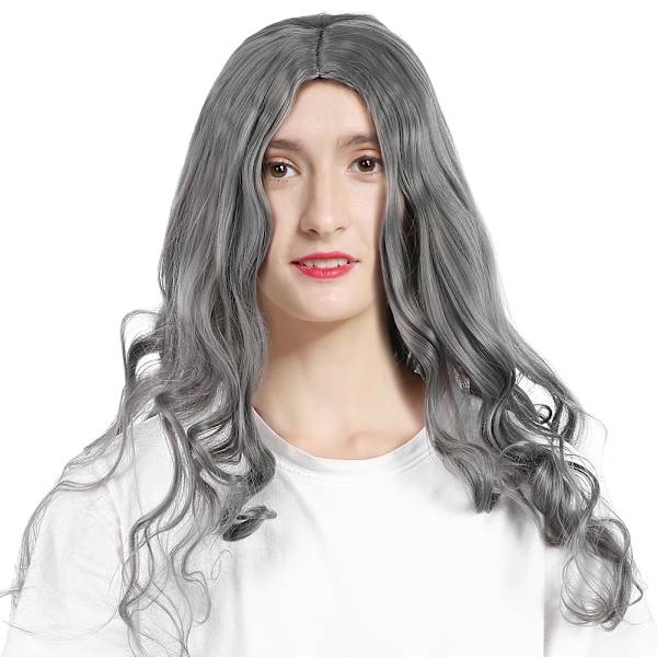 Lång lockig vågig peruk dam syntetiskt hår rökgrå peruker för fest cosplay