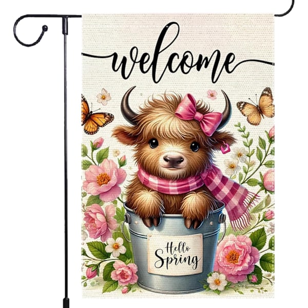 12x18 Tum Dubbelsidig Säckväv Trädgårdsflagga, Hello Spring Kalv Fjäril Gårdsdekor 30cm*51cm