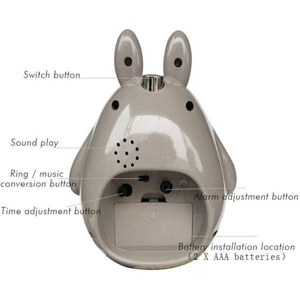Totoro-tema, Snooze-funktion Tyst och LED-nattlampa Klocka Bästa present till barn tonåringar och vänner, Grå