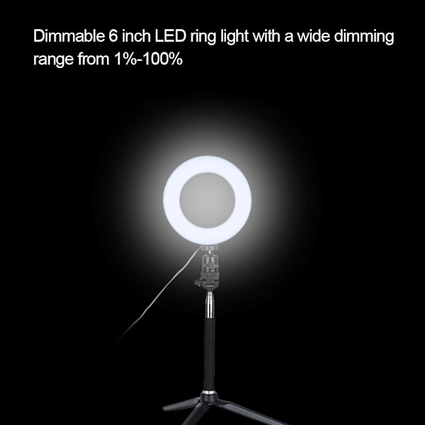 6 tommers ringlys med dimbar LED-fylllys med stativ for video, livekamera og sminke