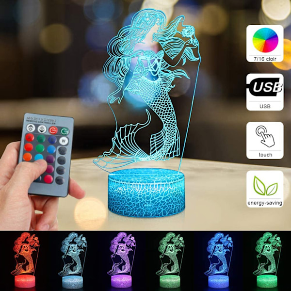 Qinwei Mermaid 3D Illusion Lampe til Pige Mermaid Lampe Jule Fødselsdagsgave Den Lille Havfrue LED Nattelys 16 Farver Skiftende til Børn Dreng Chil