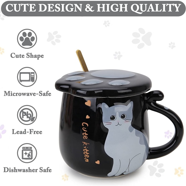 Söt katt kaffemugg, keramisk temjölkkopp med söt kattlock och sked i rostfritt stål, 14 oz/420 ml julfödelsedagspresent svart