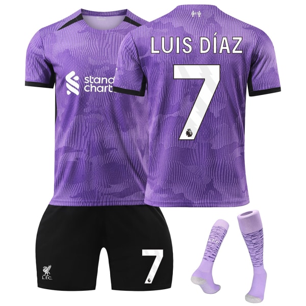 2023-2024 Liverpool 2:a bortaställ för barn med strumpor - nr 7 LUIS DIAZ #28 No.7 LUIS DIAZ #28