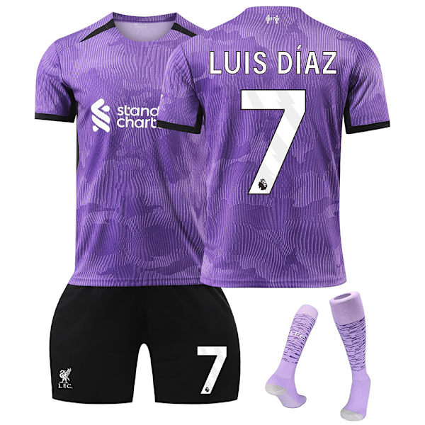 Liverpoolin 2. vieraspelipaidan lasten jalkapallopaita setti sukilla 2023-2024 - Nro 7 LUIS DIAZ#M No.7 LUIS DIAZ #M