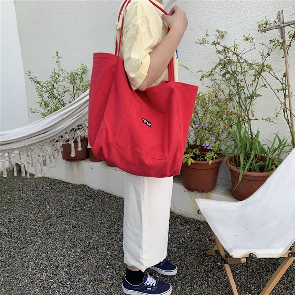 Röd väska mode koreanska kvinnors väska en axel stor kapacitet mode tryck shoppingväska canvas tote väska