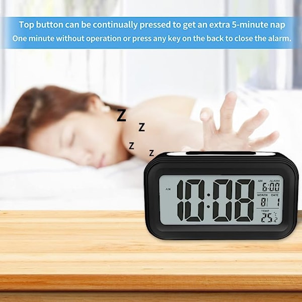Inomhustemperatur Digital väckarklocka, batteridriven, 12/24h display, lämplig för sovrum, badrum, skrivbord, smart klocka - Svart