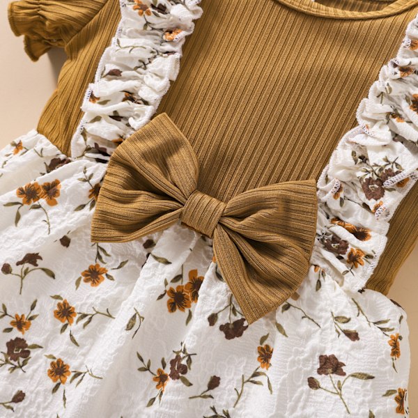 Pige Floral Romper Suspender Shorts Rufflede Puff Sleeve Bodysuit Jumpsuit One Piece Sommer Outfit --- Brun（Størrelse 80）