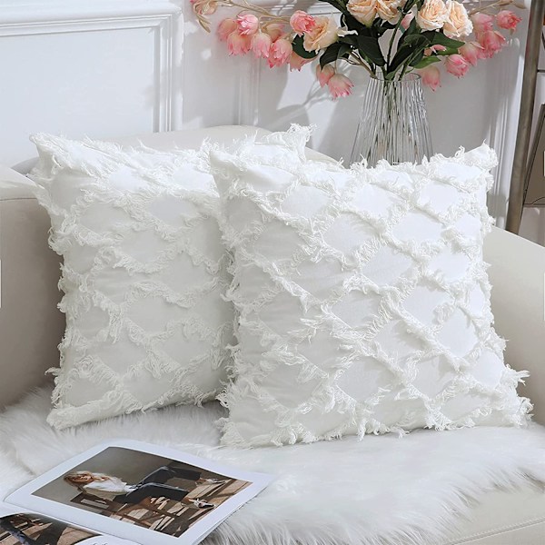 Off White Dekorative Putetrekk 18 x 18 Tommers Pakke med 2 Boho Pynteputer til Sofa og Sofa, 100% Bomull