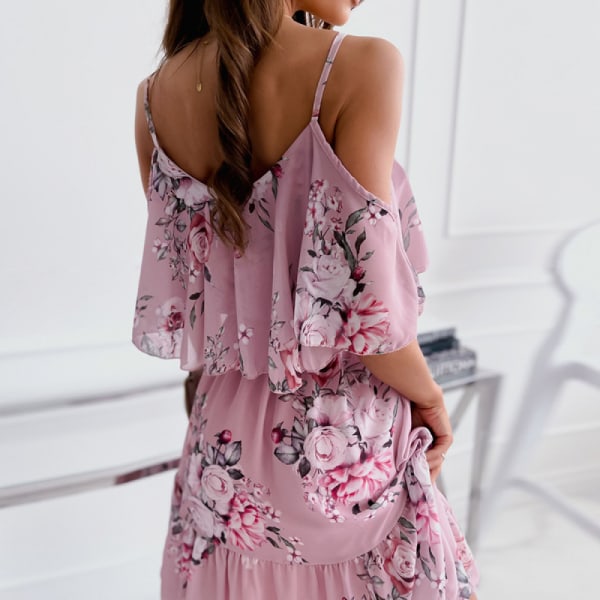 Plisserad vår/sommar ny damkläder europeisk och amerikansk sexig off shoulder hängande rem tryckt chiffongklänning (rosa XL)