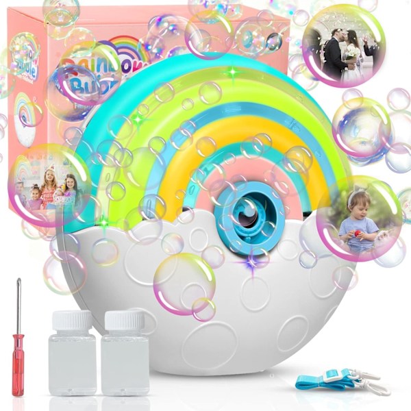 Automatisk bubbelmaskin för barn, portabel regnbågsbubbelblåsmaskin med ljus, 2000+ bubblor per minut/bubbellösning/Lanya white