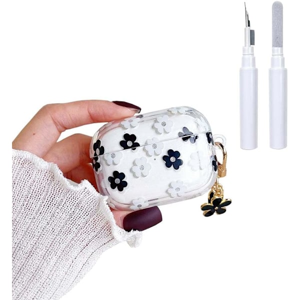 til AirPods 4. generations etui med nøglering + rengøringssæt, sødt klart glitter blomsterbeskyttende høretelefoncover, blødt gennemsigtigt black floral Airpods4