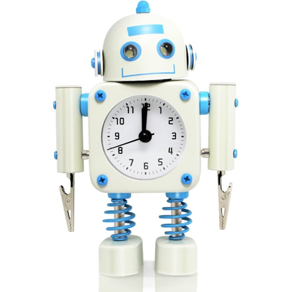 Robotväckarklocka i rostfritt stål utan tickande ljud - Väckarklocka med blinkande ögonlampor och handklämma (vit)