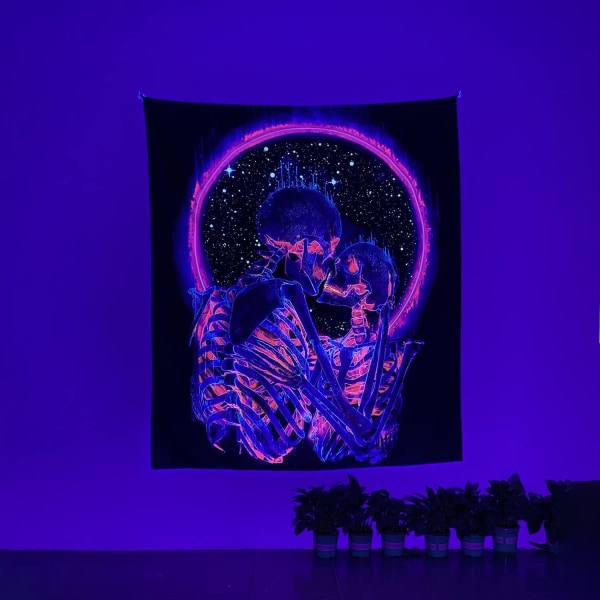 Wekity Blacklight Skull Tapestry, The Kissing Lovers Tapestry UV Reactive Trippy Psychedelic Neon Tapestry –59,1" x 78,7"