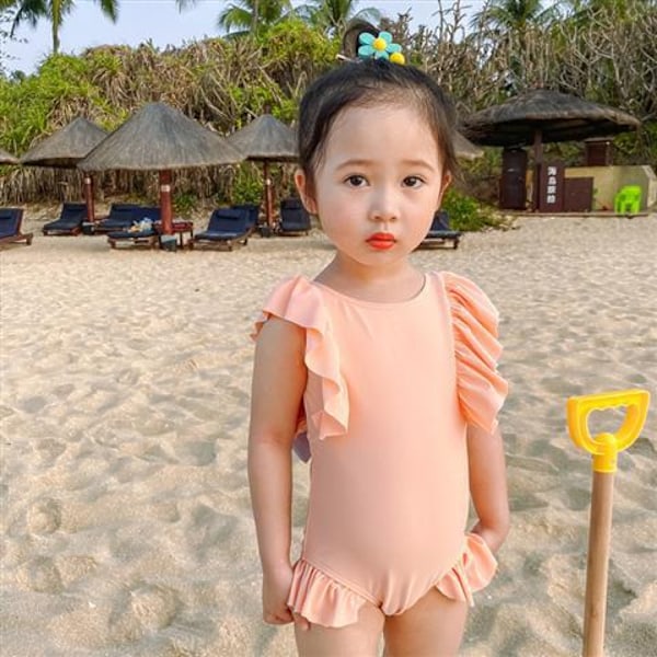 Baby flickor baddräkt  En-delad rutig baddräkt Strandbikini Leopard volanger Badkläder Outfits för 0-8 år, Rosa (XL)