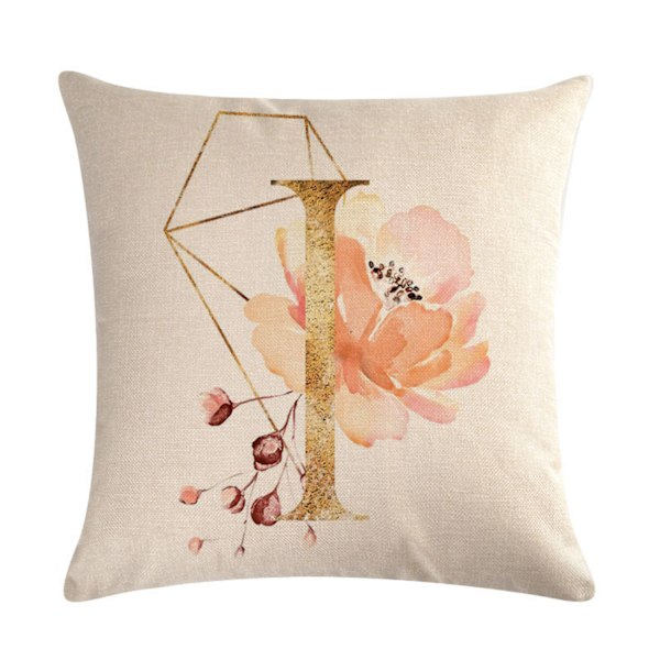 Engelsk alfabet kuddfodral gyllene geometrisk blomma linne örngott för soffa säng heminredning kudde 18 x 18 tum (bokstav I)