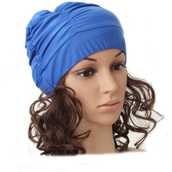 Färgglad plisserad cap i nylon Stor badmössa Cap i varma källor för vuxna män kvinnor Långt hår, Kungsblå