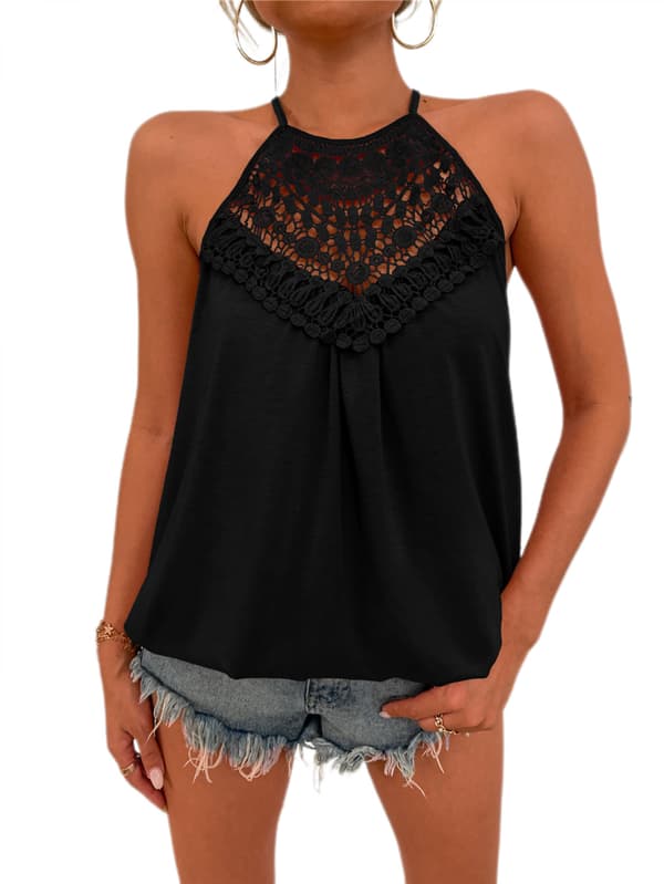 Kvinde Sommer Halter Spaghetti Stropper Blonder Flowy Tank Top  Skjorter --- Sort（Størrelse M）