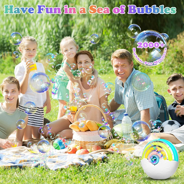 Automatisk bubbelmaskin för barn, portabel regnbågsbubbelblåsmaskin med ljus, 2000+ bubblor per minut/bubbellösning/Lanya white