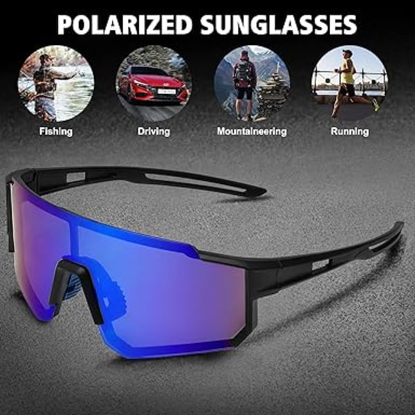 Polarisoidut urheiluaurinkolasit miehille ja naisille, ajoon, kalastukseen, pyöräilyyn ja maastopyöräilyyn, UV400-suoja Black Frame-blue Mirror Lens
