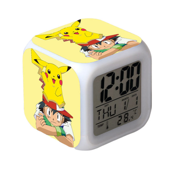 Pikachu Färgglad Väckarklocka LED Kvadratisk Klocka Digital Väckarklocka med Tid, Temperatur, Alarm, Datum
