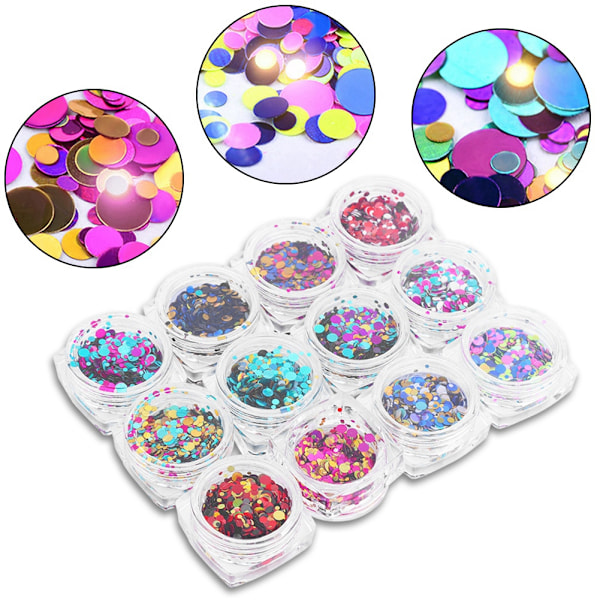 12 flaskor nagelkonst runda paljetter glitter glanspulver manikyr dekoration