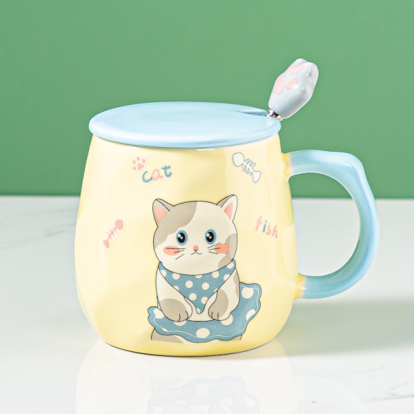 Söt kattmugg, högkvalitativ keramik, hög temperaturbeständig, 14 oz med 3D lock och sked, julfödelsedagspresent, kattgul