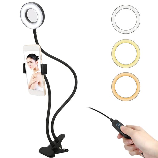 Live Streaming LED-ringlampe Dobbelt farvetemperatur USB-fyldlysstander med klips