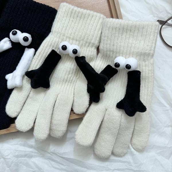 Søde interaktive hånd-i-hånd-handsker til efterår og vinter, varme elastiske handsker med sjovt øjeæble- og tentakeldesign (hvid) white