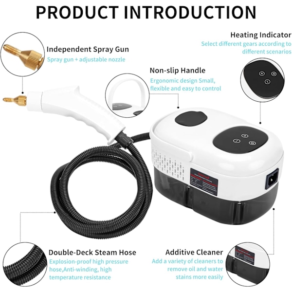 Ångrengörare, 2500W högtemperaturtrycksatt ångrengörare, bärbar ångrengöringsmaskin, 10S snabb uppvärmning, med 3 borsthuvuden (