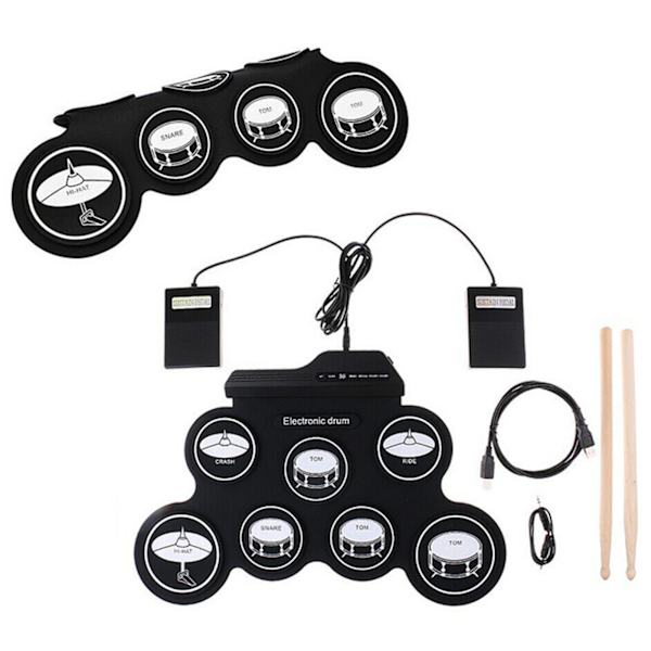 Elektroniskt trumset 7 pads 5 inställningar 8 demonstrationslåtar 3 rytmer bärbar USB hoprullbar trumövningsplatta