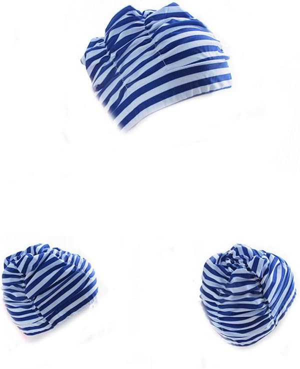 Fargerik Plissert Nylon Stoff Badehette Stor Badehette Varme Kilde Badehetter for Voksne Menn Kvinner Langt Hår, Mørk Blå Stripe