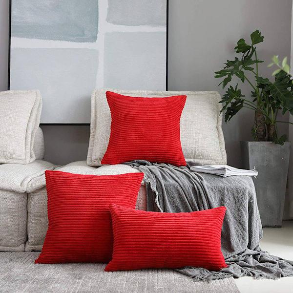 Röda jul kuddar dekorativa prydnadskuddar överdrag för soffa bänk randig sammet accent kuddfodral, 16 x 16 tum, 40x40cm, set med 2