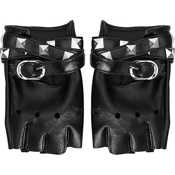 Fingerlösa konstläderhandskar - Svarta Biker Punk-handskar med bältesstängning och nitar för kvinnor och barn