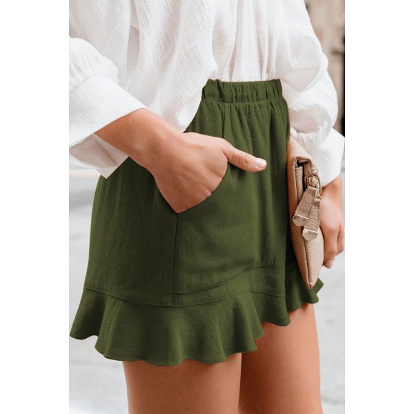 AVEKI Dame Shorts Sommer Casual Komfortable Høy Midje Plisserte Shorts Med Lommer --- Army Green （Størrelse S）