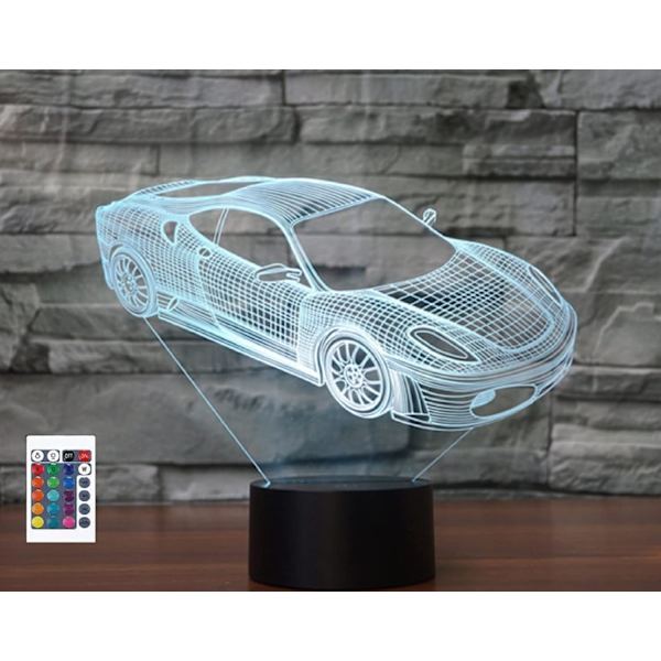 WJ 3D Lyxbil Fjärrkontroll 16 Färg Nattljus Illusion Akryl LED Bordsängslampa Barn Sovrum Skrivbordsdekor Födelsedagspresenter Leksak för Barn