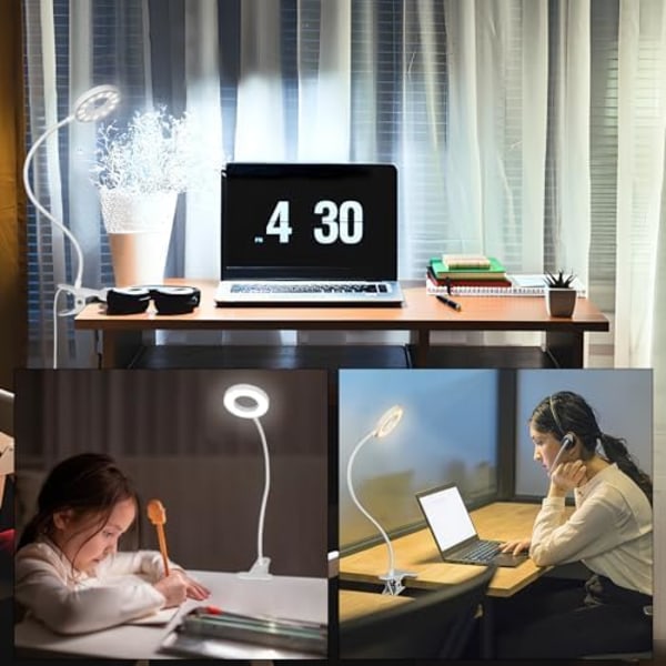Bordlampe med klemme for lesing hjemmekontor, lysstyrke 3 moduser, klemmelampe for sengegavl, hobby white