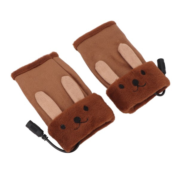 USB-oppvarmede hansker Fleece søte tegneserieformdyr Fingerless oppvarmingshansker Varmer for kontorarbeid Brun