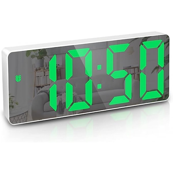 Digitalt vækkeur, stort LED-spejdisplayur, spejl LED-vækkeur, egnet til soveværelser, hjem, kontorer, grønt nummer (hvid)