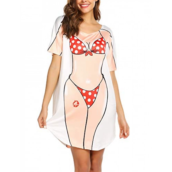 AVEKI Dame Bikini Skjorte Cover Up Kortærmet Sød Bikini Print Cover-Up Baggy T-Shirt Kjole Sjov Wear, Rød, L