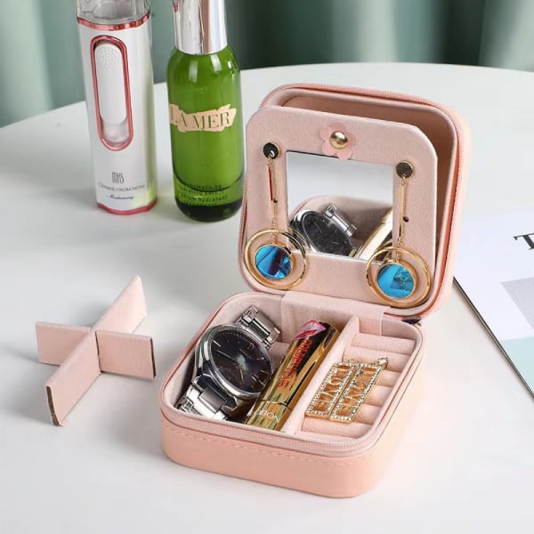 Liten organizer för resor, portabel mini smycken case med dragkedja Spegel för ringar Halsband Armband Örhängen-Rosa